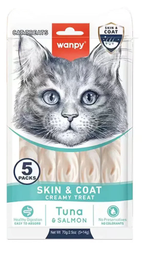 Wanpy - Cat Treat - Cream Treat - Pouch 70 gm - Skin & Coat - With Tuna & Salmon