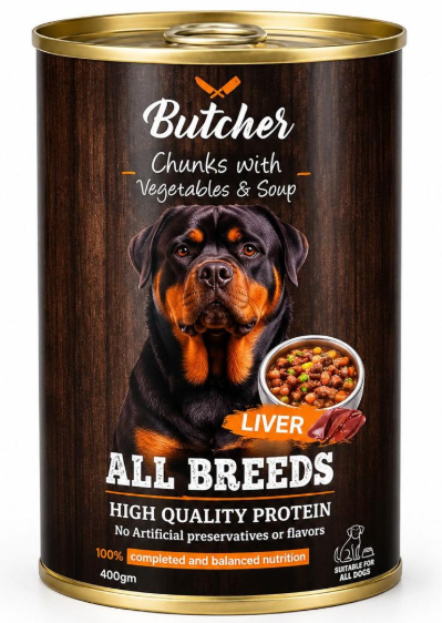 Wet Food Butcher dog  Butcher Can Food Chunks Vegs &Soup Adult Dog Liver